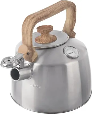A stainless steel kettle with a wooden handle and lid knob, featuring a built-in thermometer.