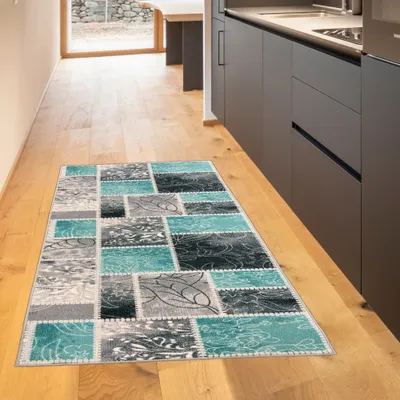 Image de Tapis à motifs carreaux, turquoise, gris et crème, dimensions : 80 x 150 cm
