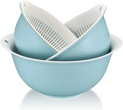 Produktbild von 3 teiliges 2-in-1 Küchensieb Set,Doppelschichtiges Seiher Schüssel Set aus Kunststoff, Sieb und Abtropfschale, Blau