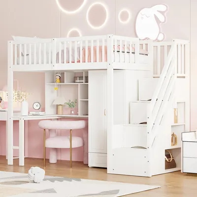 A white loft bed with a desk, wardrobe, and stairs, set in a child's bedroom with pink walls and decorative lights.