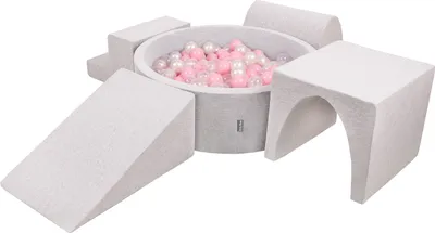 Produktbild von KiddyMoon spielplatz aus schaumstoff mit rund bällebad (200 bälle) ballgruben für babys spielbad hindernisläufen, hergestellt in der eu, hellgrau:puderrosa/perle/transparent