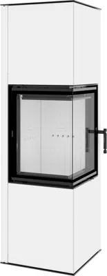 A white corner fireplace with a glass door.