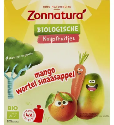 Produktbild von Zonnatura Biologische Knijpfruit Mango & Karotte 340g – -Snack ohne Zuckerzusatz