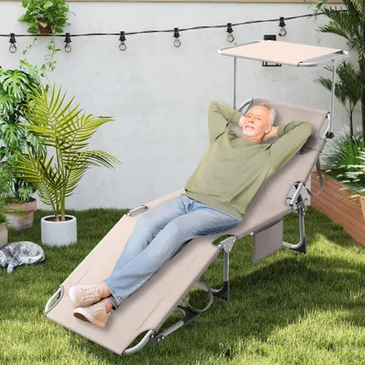 Produktbild von YZNAHRE Sonnenliege klappbarer Liegestuhl mit Dach, Gartenliege Klappbar mit Kopfkissen & Seitentasche & Verstellbare Rückenlehne Tragbar Liegestuhl Relaxliege für Strand Garten (Khaki)