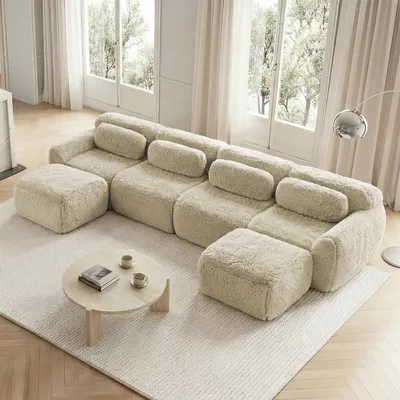 Produktbild von MODFU 4-Sitzer Ecksofa,Modulares Sofa mit Geschwungene und 2 Ottoman,U-förmiges Relaxsofa mit Rutschfester Boden & Kissen,Plüschstoff,Hellkhaki