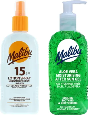 Productafbeelding van Malibu SPF15 waterbestendige zonnebrandspray 200 ml + Aloe aftersun gel 200 ml Bruiningsset