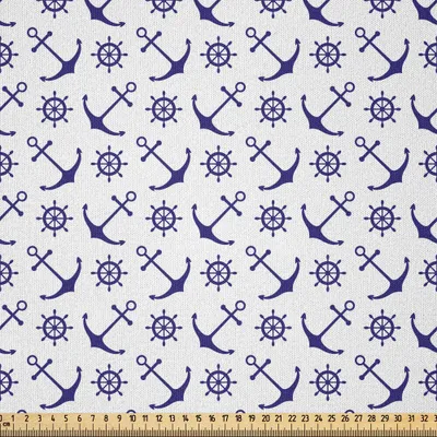 Produktbild von ABAKUHAUS Navy blau Microfaser Stoff als Meterware , Anker mit Schiffen Steuerräder Nautische Zusammensetzung Sea Life Element, 2 M (230 x 200 cm), Dunkelblau Weiß