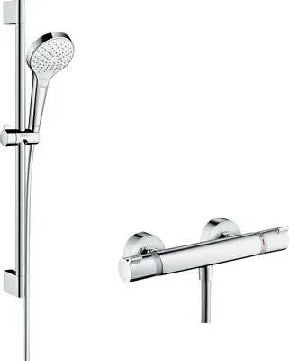 Immagine prodotto di hansgrohe Croma Select S système de douche en surface Vario avec Ecostat Thermostat confort et barre de douche 65 cm, blanc/ chrome, 27013400, 27013400