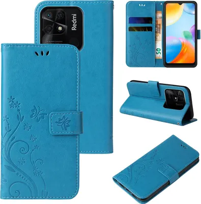 Produktbild von Handyhülle für Xiaomi Redmi 10C Floral Blumen Schmetterling Flip Cover Hülle Case Klapphülle Handytasche Farbe: Blau
