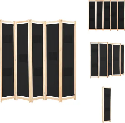Multiple views of a black fabric room divider with a wooden frame, displayed against a white background.