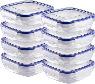 Zdjęcie produktu dla Zestaw plastikowych pojemników na żywność, 8 kwadratowych pojemników, z możliwością układania w stos, nadających się do użycia w kuchence mikrofalowej