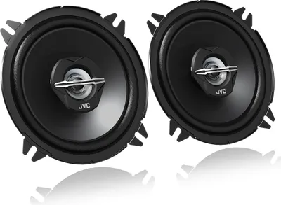 Two car speakers shown from a front-facing diagonal angle with a white background and reflection.