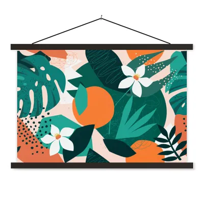 Produktbild von MuchoWow® Textilposter Blumen - Obst - Dschungel 60x40 cm mit schwarzem Rahmen - Hölzernes