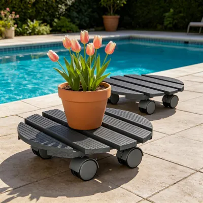Produktbild von YZNAHRE Pflanzen Rollbrett Rund 2x Pflanzenroller WPC Blumenroller 30cm Blumentopf Untersetzer mit Rollen Außenbereich MAX. 100KG, Dunkelgrau