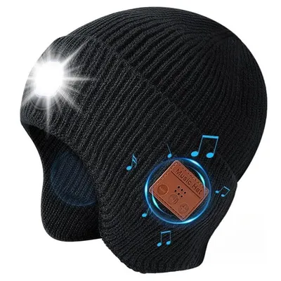 Produktbild von Bluetooth Beanie mit Licht, Musikalische Strickmütze mit Kopfhörer und eingebautem Lautsprechermikrofon, LED Beanie mit Bluetooth für Männer Frauen