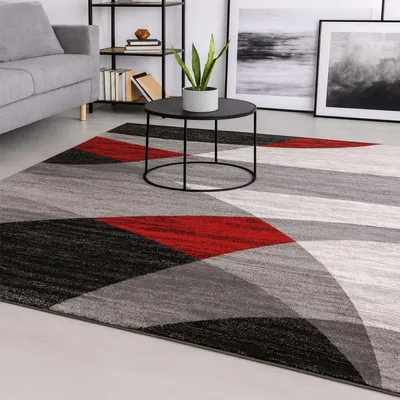 Produktbild von Teppich Geometrisches Muster Meliert in Rot Grau Weiß Schwarz Kurzflor Wohnzimmer