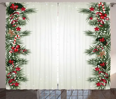Produktbild von ABAKUHAUS Weihnachten Rustikaler Gardine, Zweig Berry, Schlafzimmer Kräuselband Vorhang mit Schlaufen und Haken, 280 x 175 cm, Mehrfarbig