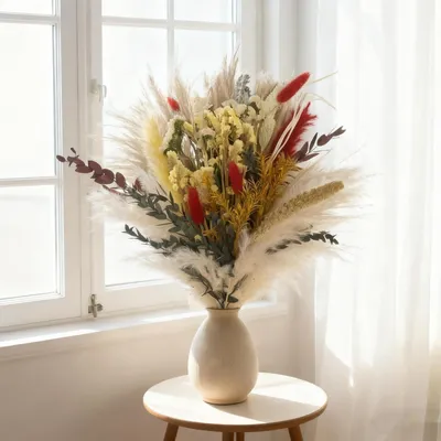 Image de Kit de décoration en fleurs séchées, 44 pièces, comprenant de l'herbe de pampa et des fleurs séchées colorées, idéal pour la décoration de salons, de mariages et de tables