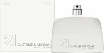 A white perfume bottle and its packaging are shown against a white background.