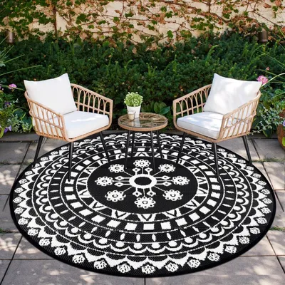 Produktbild von Runder Außenteppich mit 180 cm Durchmesser, wetterfester Vorzeltteppich für Camping, Kunststoff-Picknickdecke, leichter Teppich für Balkon, Picknick, Garten, Terrasse, Strand und Wohnmobil, schwarz