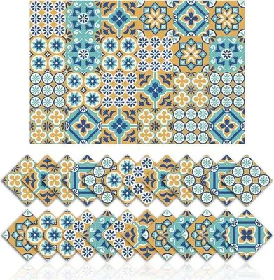 Image de Autocollants décoratifs pour carrelage, style rétro, fleurs jaunes et bleues (15 x 15 cm)