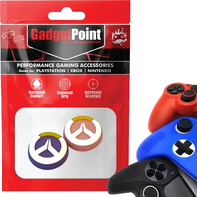 Produktbild von Thumbgrips - Thumb Grips voor PlayStation, PS5, Xbox X/S, One & Switch Pro Controller - Gaming Thumbgrips - Performance Anti-Slip Thumbsticks - Bescherming Accessoires - Paars/Roze met Wit/Geel -