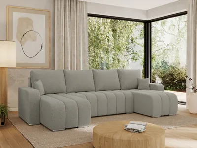 Produktbild von MKS MEBLE Sofa mit Schlaffunktion - Ecksofa mit Schlaffunktion und Bettkasten - Sofa 5 Sitzer - Schlafsofa - Couch - Schlafsofa mit Bettkasten - Kirasso U -Hellgrau Boucle
