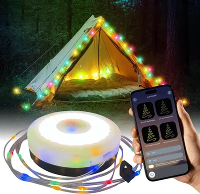Produktbild von Camping LED Solar Lichterkette Aufrollbar | 3-in-1 Multifunktions-Lampe mit App-Steuerung, 10 m RGB wasserdichte Lichterkette, Laterne, Powerbank (3600 mAh), USB-C
