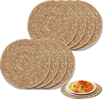 Produktbild von Set 8 runde Platzsets aus Wasserhyazinthe und Leinen, 30 cm, für den Esstisch