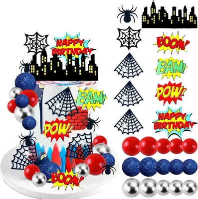 Immagine prodotto di Decorazioni per torte di compleanno per bambini - Set da 32 pezzi - Topper per torte a tema supereroi - Decorazioni per torte a tema Spider-Man - Decorazioni per torte a tema supereroi per bambine e bambini