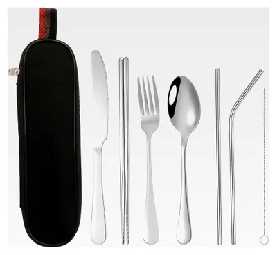 Produktbild von Reisebesteck-Set, 8-teiliges tragbares Edelstahl-Campingbesteck mit Bestecktasche, Essstäbchen, Löffel, Gabel, Reinigungsbürste und Strohhalm (Silber)