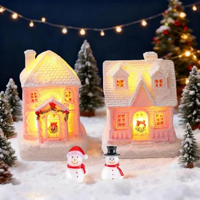 Beleuchtete Weihnachtshäuschen Set von 2 - Miniatur Weihnachtsdekoration mit Schneemann - Weihnachtsbeleuchtung für drinnen