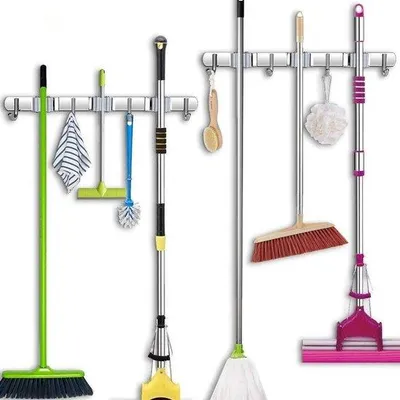 Produktbild von Mauerschraubengerät - Set aus 2 Teilen, Edelstahl, mit 4 Haken und 3 Schnellspannern - Geeignet für Schwamm, Besen und Gartengeräte