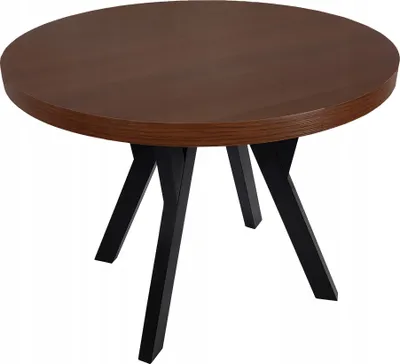 A round table with a dark wood top and black legs, shown from a three-quarter angle against a white background.