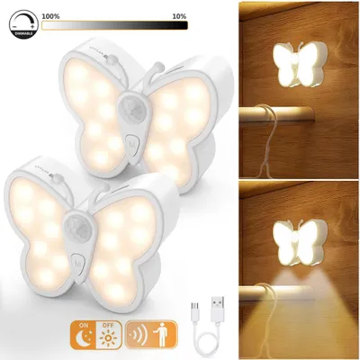 Produktbild von 2x LED Nachtlicht Mit Bewegungsmelder USB Wiederaufladbares Dämmerungslicht Warmweiß+Kaltweiß für Treppen, Schrank (leuchtet vorne unten)