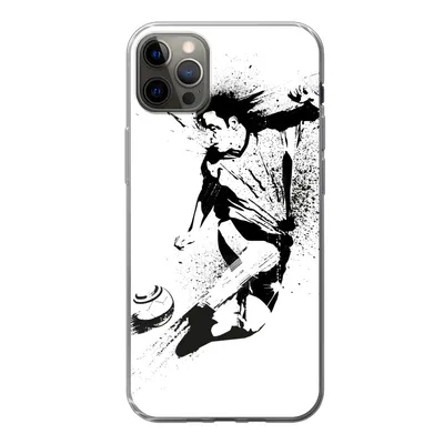 Produktbild von MuchoWow® Handyhülle Schutzhülle Hülle für iPhone 13 Pro Max Eine Illustration einer Person, die einen Fußball in Richtung Tor schießt - Jungen - Junge - Kind Silikon Softcase Handy Hülle - Mobiltelefon