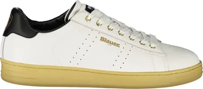 A white sneaker with black accents and a tan sole.