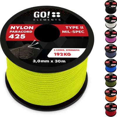 Produktbild von GO!elements 30m Paracord Seil aus reißfestem Nylon - 3mm Paracord 425 Typ II max. 192kg - Schnüre als Outdoor Seil, Allzweckseil, Survival Seil, Armband, Hundeleine, Nylonschnur, Farbe: Neon