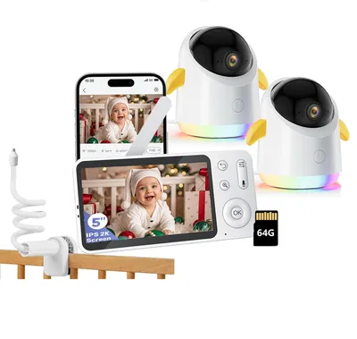 Produktbild von Babyphone mit 2 Kameras und APP 2K/5,0 Zoll WLAN Babyfon mit Split-Screen PTZ 360° 4-facher Zoom IR/RGB-Nachtsicht mit Halterung & 64G