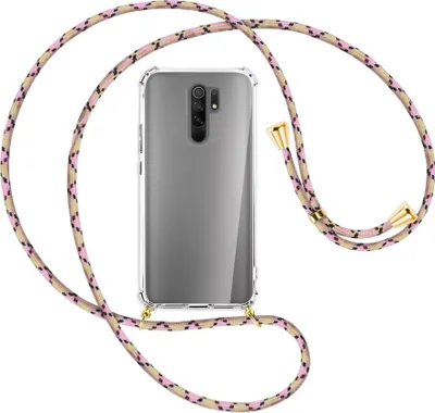 Produktbild von Handykette Backcover-Schutzhülle mit Band (Metall goldfarben) für Xiaomi Redmi 9 - rosa Karo