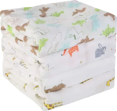 Produktbild von (Zufällige Muster für Jungen) Neugeborene 2-lagige Musselin-Decke 4-teilige Musselin-Decken aus Bambus-Baumwolle Weiches Badetuch für Kleinkinder 120 cm x 105 cm