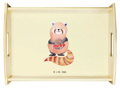 Produktbild von Mr. & Mrs. Panda Servier Tablett Roter Panda - Gelb Pastell - Geschenk, Lieblingsmensch, Liebling, serviertablett aus holz, Lustige Sprüche, Herz, Sofa, Servierplatte