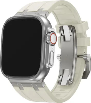 Produktbild von BALR. Flüssigsilikonarmband passend für Apple Watch 1/2/3/ 4/5/6/7/8/9/10/SE/Ultra in den Größen: 44mm / 45mm / 46mm / 49mm - Kautschukarmband mit Stahlstecker (beige/titan)