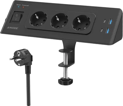 Produktbild von Mehrfachsteckdose mit 3 Steckdosen und USB-C Anschluss – 7-in-1 Mehrfachsteckdose mit Schalter – Steckdosenleiste für den Schreibtisch