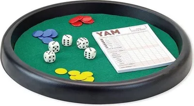 Immagine prodotto di Set da gioco Yam con bicchiere per dadi, 5 dadi, 21 fiches, blocco per giocare, diametro 31 cm, dai 3 anni in su