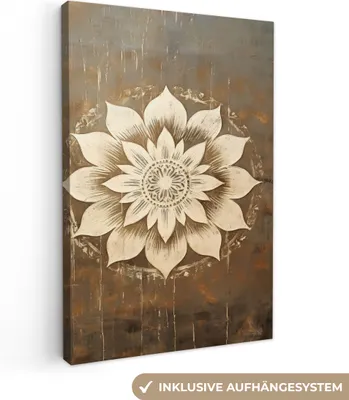 Produktbild von MuchoWow® - Leinwandbilder - Mandala - Blumen - Vintage - Weiß, Wandbild, Wanddeko Bilder Wohnzimmer, 80x120cm