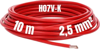 Image de Câble électrique Kalitec, 10 mètres, H07V-K, 2,5 mm², rouge. Câble de raccordement, flexible, monoconducteur, en PVC. Toron 2,5 mm². Câble à section pleine, monoconducteur. Fil de connexion, à section pleine. Câble unipolaire. Fil de raccordement