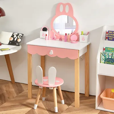 Produktbild von 2 in 1 Kinder Schminktisch mit abnehmbarem Spiegel & Hocker, Frisierkommode, Prinzessin Frisiertisch mit Schublade, Kosmetiktisch für Kinder Mädchen Weiß