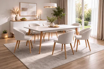 Produktbild von Stilvolles weißes Esszimmer-Set rechteckiger Esstisch gepolsterte Stühle