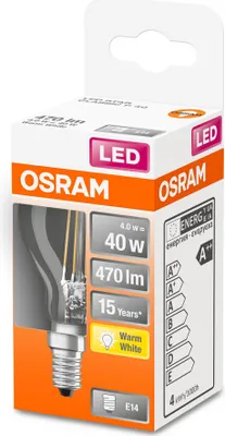 Image de 6 ampoules LED à filament Osram en forme de goutte P45 4 W = 40 W, culot E14, transparentes, 470 lm, blanc chaud 2700 K